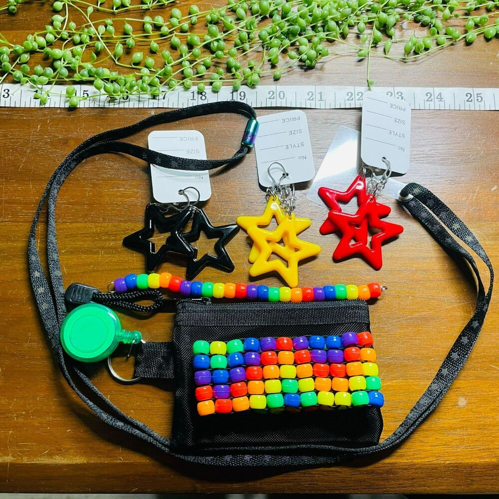 Rave 6pc binky cord phone lanyard wallet bag earrings (kandi Rainbow Brite)